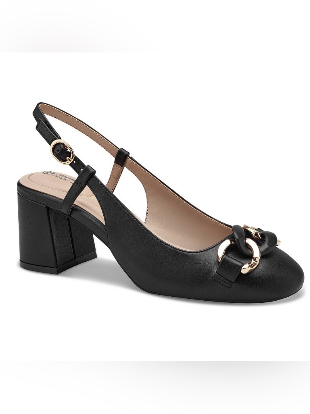 Giani Bernini Black Slingback Block Heel w Gold Chain Accent Memory Foam Pump 8